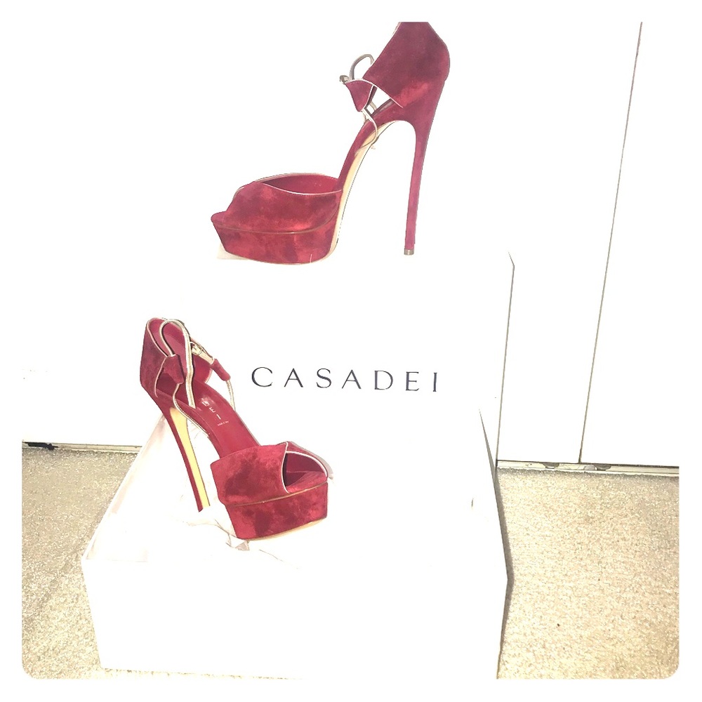 Casadei Red Suede Peep Toe Platform Sandals